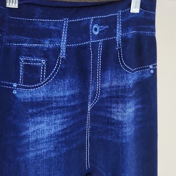 Womens Leggings Large Stretchy Blue Denim-Look Faux Pockets White Stitching - Picture 2 of 8